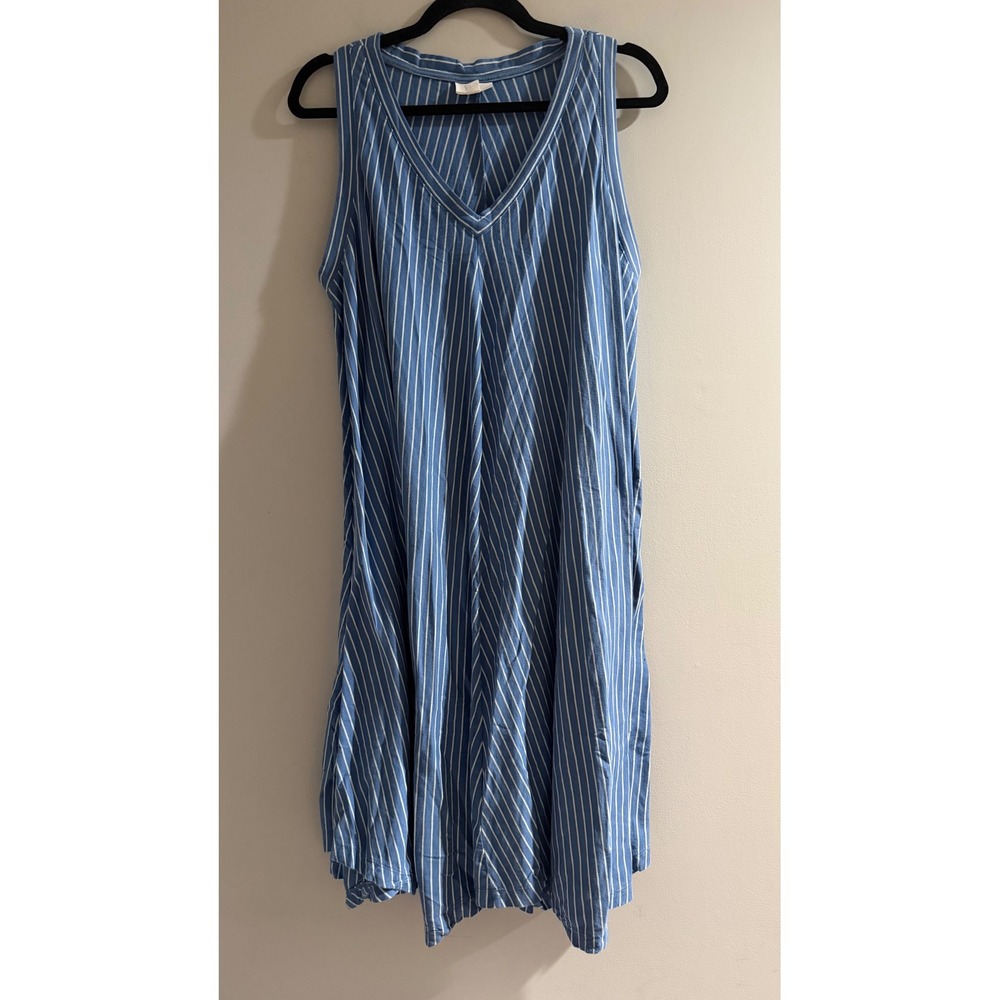 J.Jill Fit Dress Womens L Tall Blue White Striped V-Neck Cotton Sleeveless Good